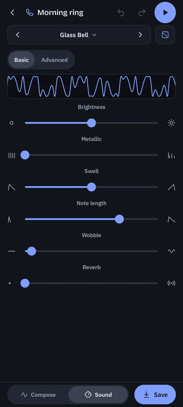 Basic sound controls: sliders for brightness, metallic, swell, note length, wobble and reverb