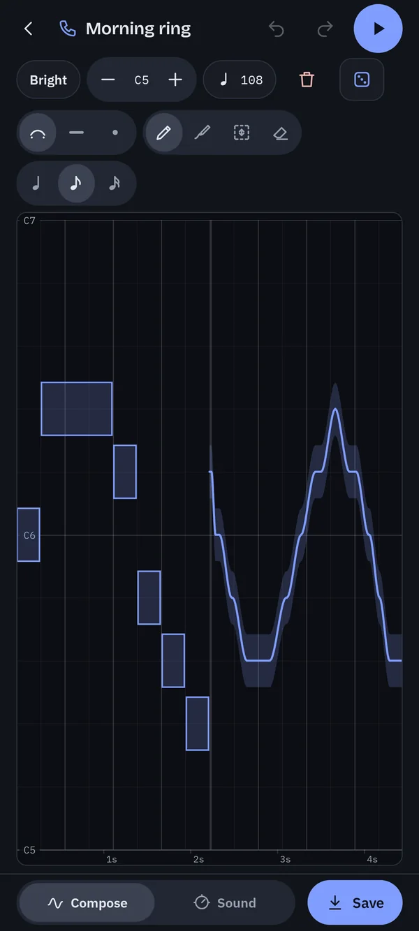 The compose screen: a melody drawn over a pitch grid, with a glide line sliding between notes