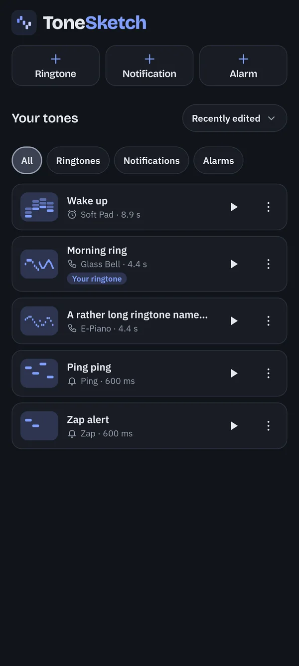 ToneSketch's library: a list of your ringtones, notification sounds and alarms with a small sketch of each